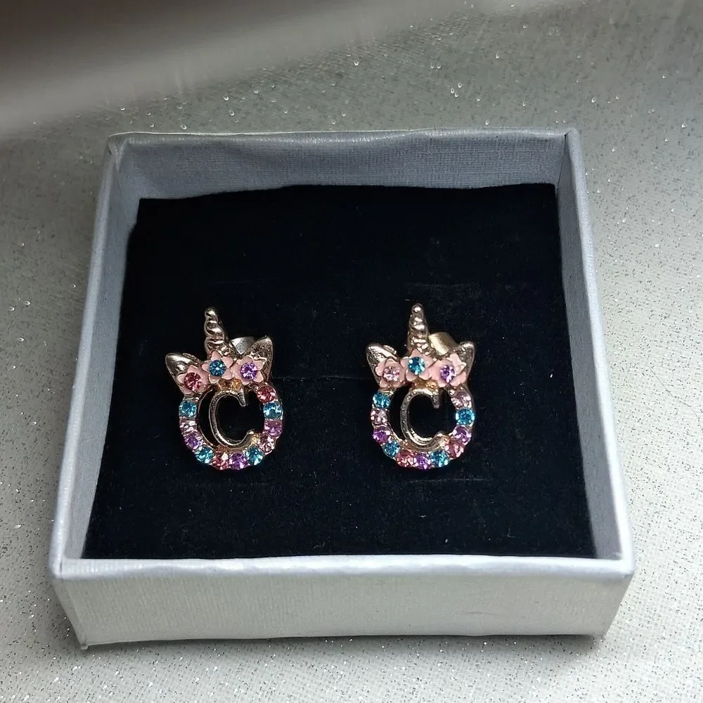 Elegant Unicorn Earrings with Blue and Pink Accents With Initial 